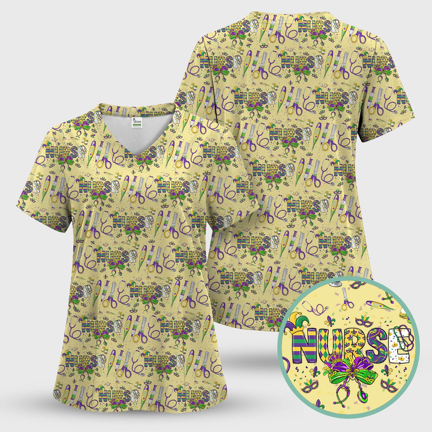 Mardi Gras Nurse Scrub Set, Holiday Medical Pattern Nurse Shirt, Breathable Fabrics Nursing Uniform