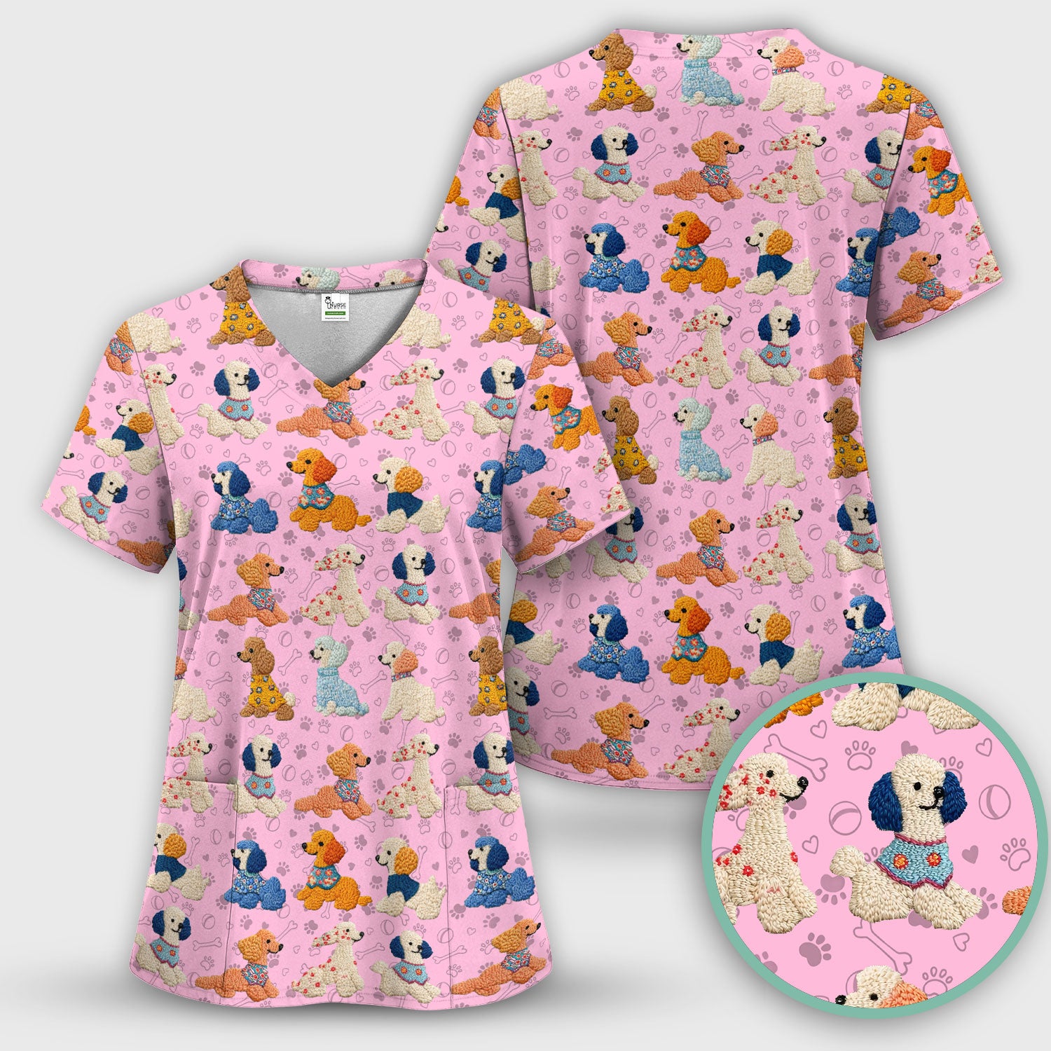 Cute Colorful Poodle Pattern Scrub Top, Comfortable Scrubs for Nurses