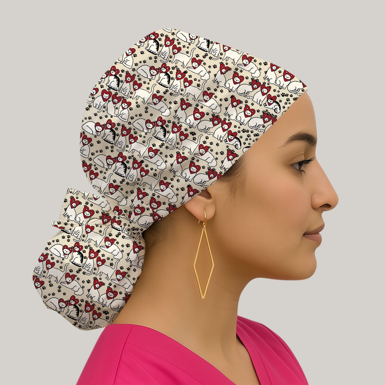 Cute Cat Heart Pattern Scrub Cap, Funny Cat Scrub Hat For Nurses, Breathable Fabrics Nursing Uniform