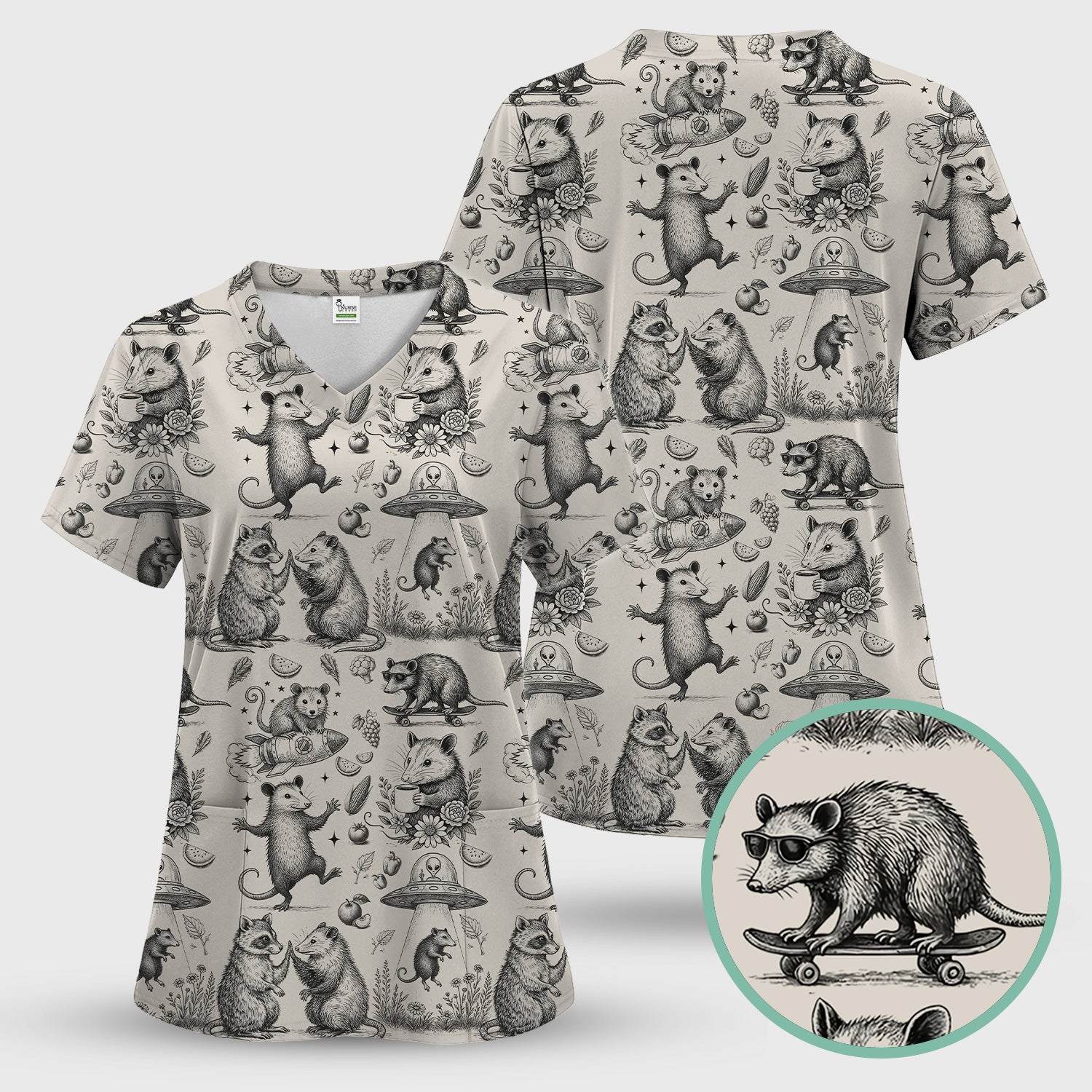 Funny Nurse Vintage Possum Raccoon High Five UFO Pattern Scrub Top, Breathable Fabrics Nursing Uniform