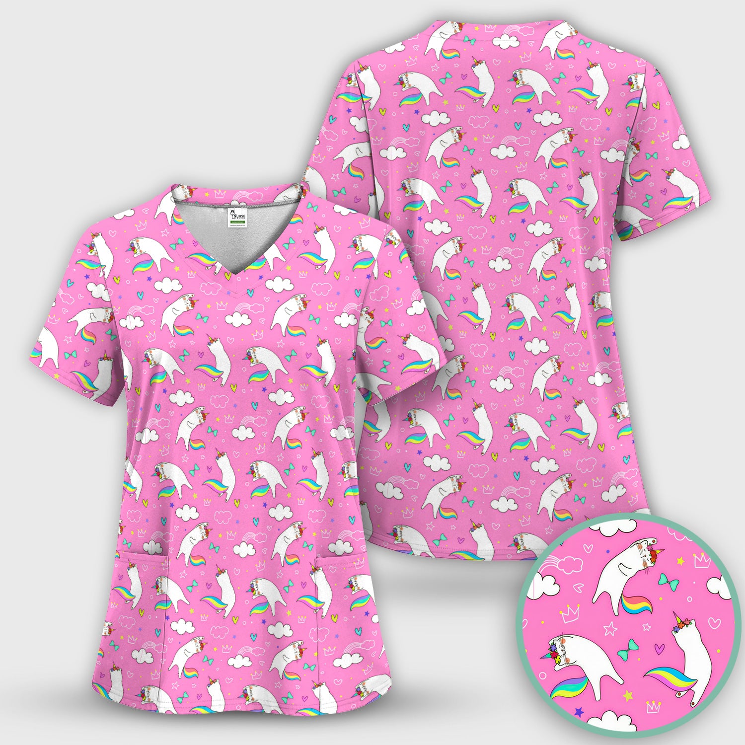 Unicorn Cat With Rainbow Tail Clouds Scrub Set, Scrub Pants and V Neck Top