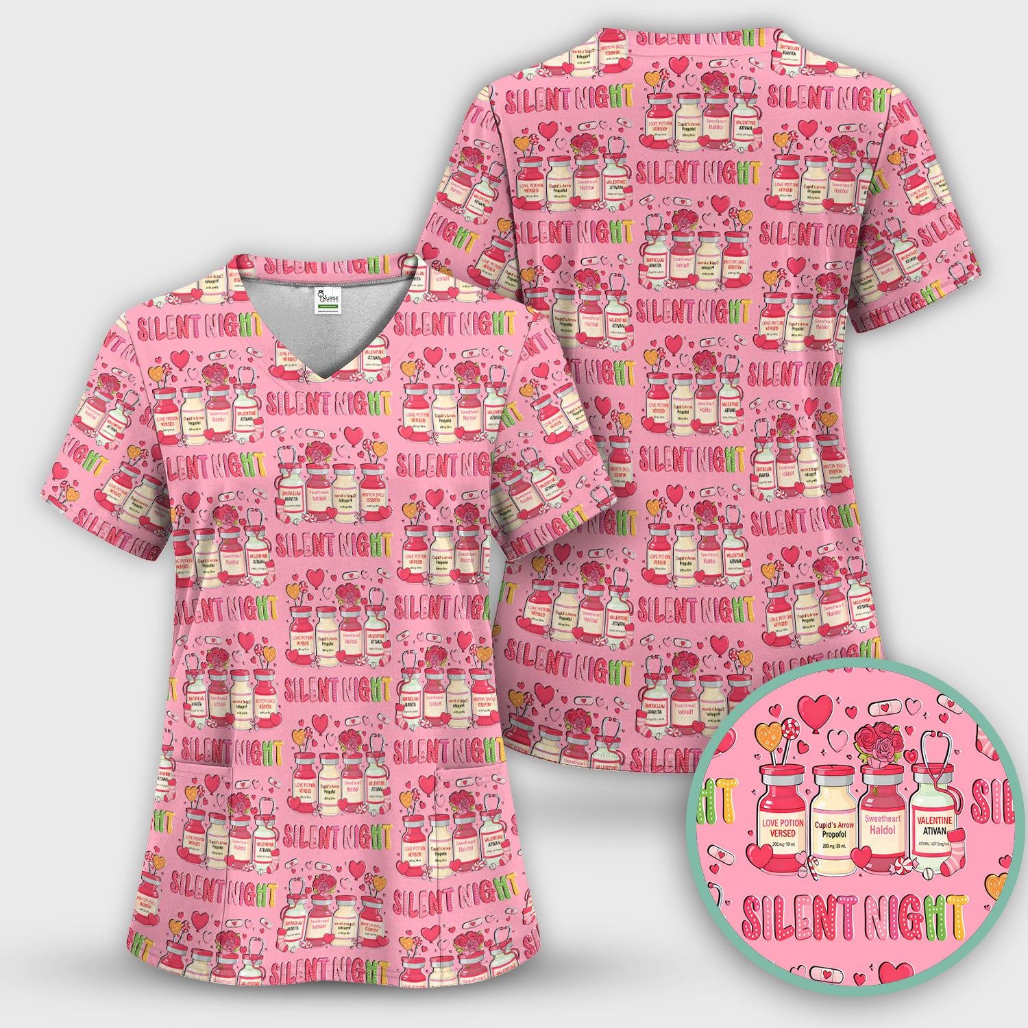 Valentine Silent Night Love Design Scrubs Set, Breathable Med Uniform