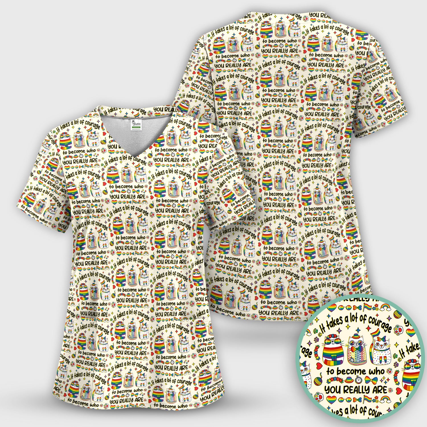 Inspirational Nurse Rainbow Cat Courage Quote Pattern Scrub Top, Breathable Fabrics Nursing Uniform