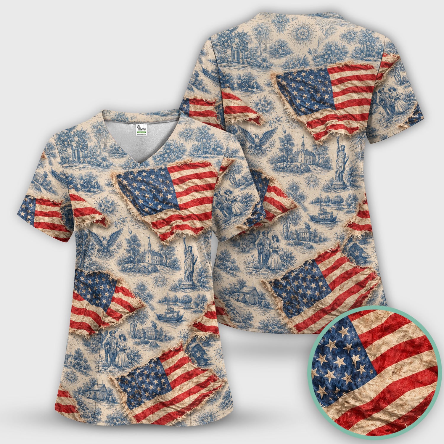 Vintage American Flag Toile Pattern Scrub Set, Scrub Pants and V Neck Top