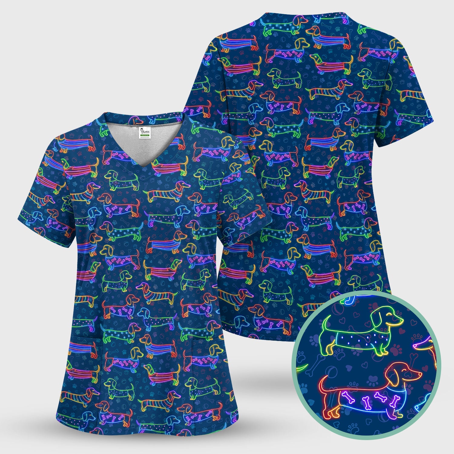 Dachshund Nursing Scrub Top – Cute Neon Sausage Dog Shirt for Women – Funny Colorful Medical Uniform RN LPN CNA Gift