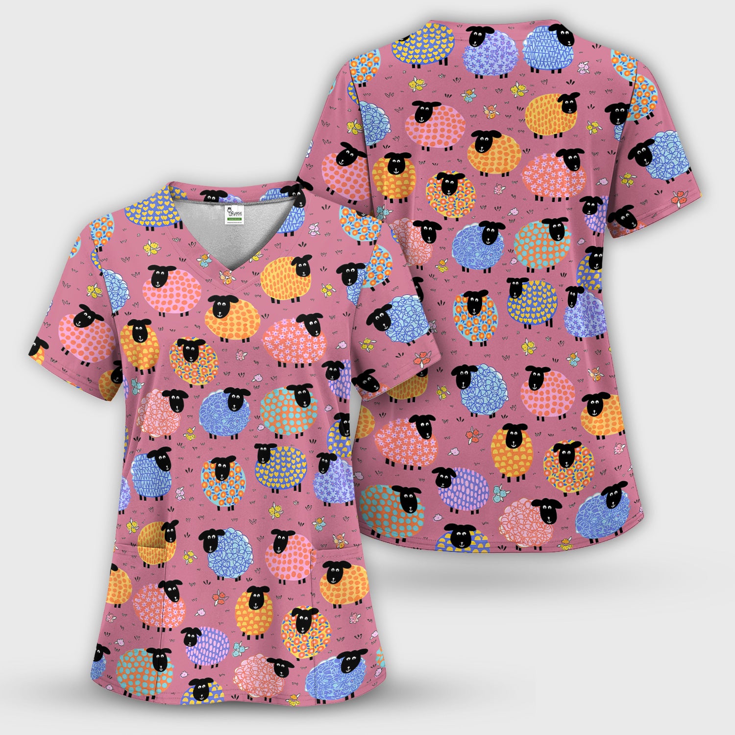 Funny Colorful Sheep Pattern Scrub Set, Scrub Pants and V Neck Top