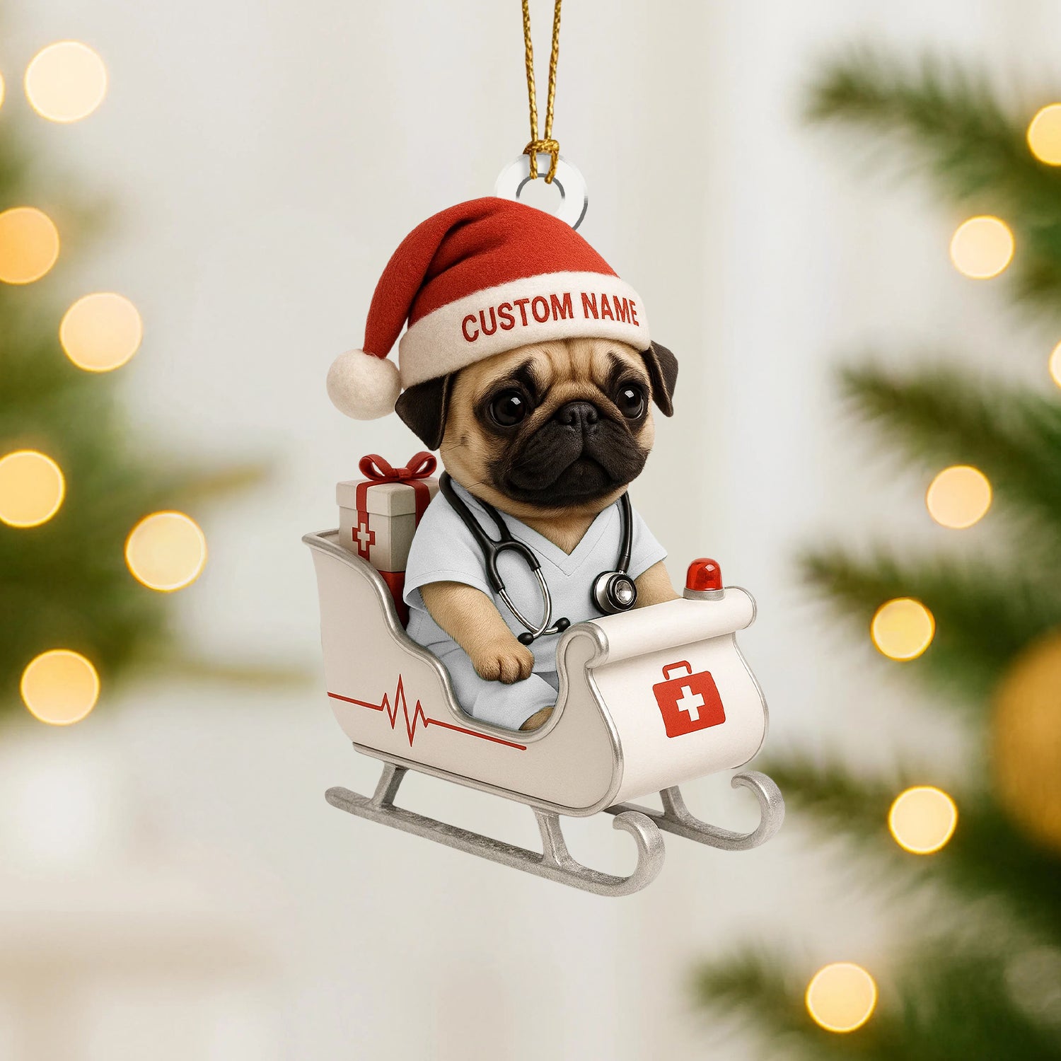 Personalized Nurse Pug Christmas Ornament – Custom Name Dog Doctor Sleigh Decor – Cute Medical Puppy Holiday Tree Ornament for Pet Lovers & Healthcare Workers