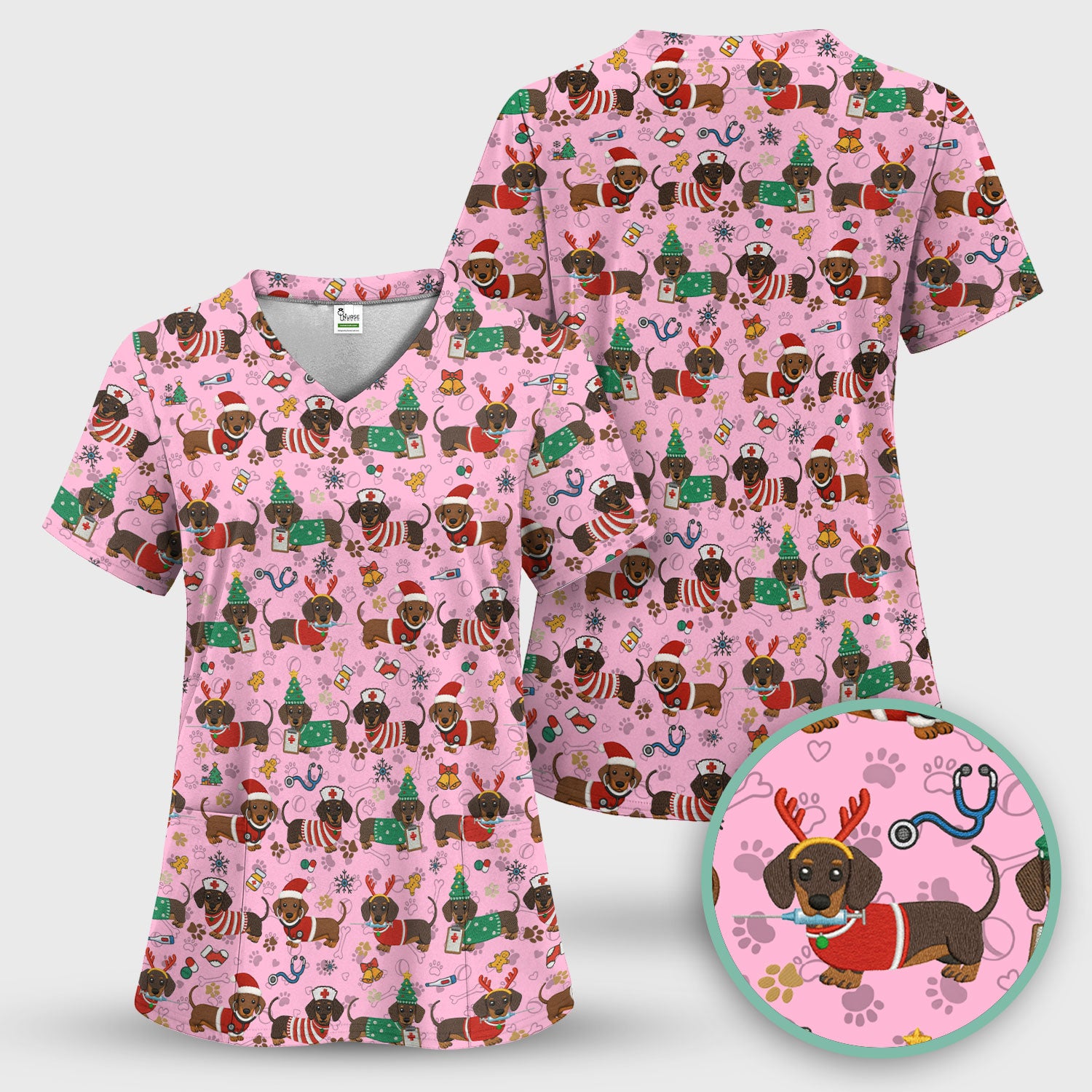 Christmas Dachshund Scrub Top for Nurses - Cute Wiener Dog Pattern Medical Shirt - Festive Holiday Scrubs Gift for Women RN CNA LPN
