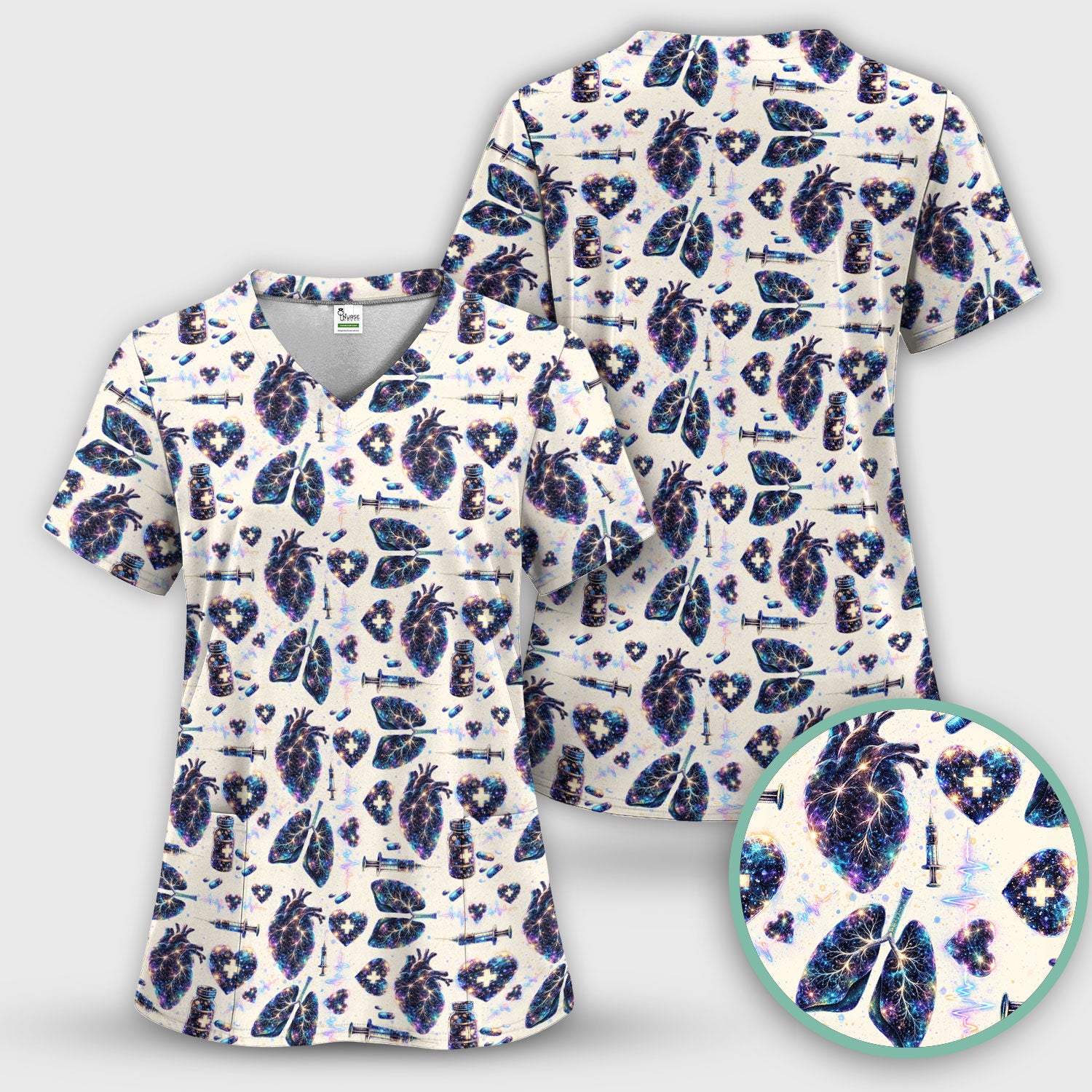 Galaxy Anatomical Heart Lung Syringe Print Scrub Top, Breathable Fabrics Nursing Uniform