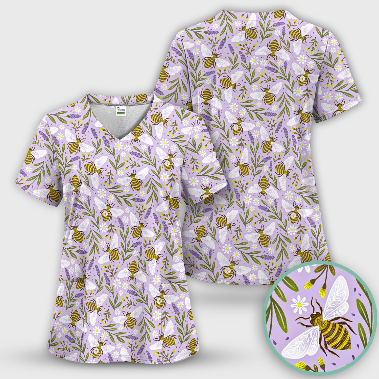 Cute Lavender Bee Floral Pattern Scrub Set, Scrub Pants and V Neck Top