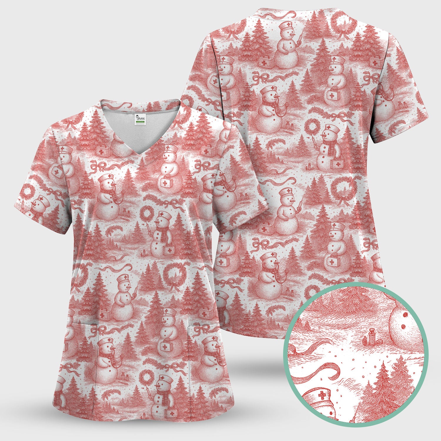 Toile de Jouy Christmas Scrubs Set – Elegant Snowman and Nurse Pattern – Classic Holiday Scrub Top and Pants for Women