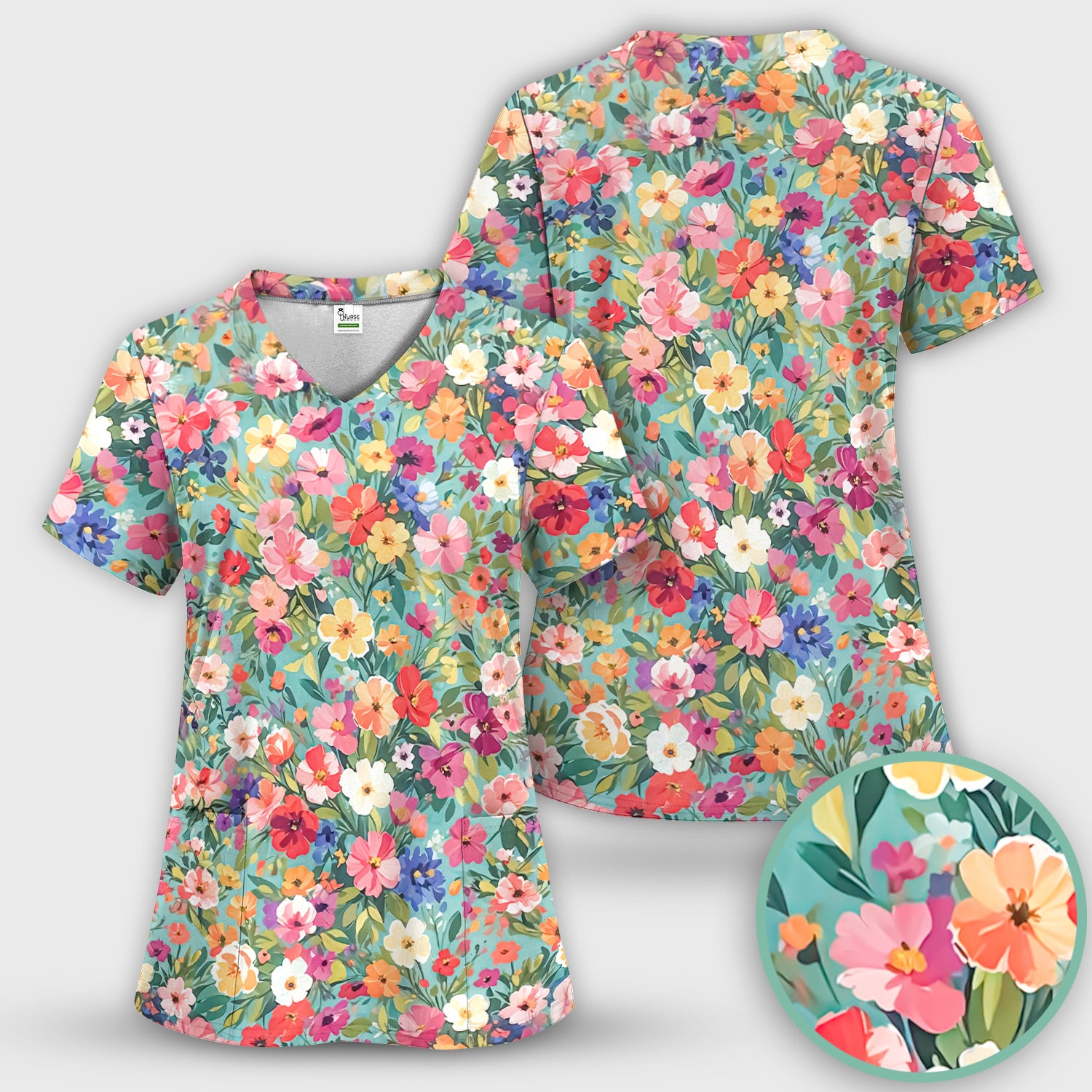 Colorful Wildflower Garden Bloom Scrub Top, Comfortable Scrubs for Nurses