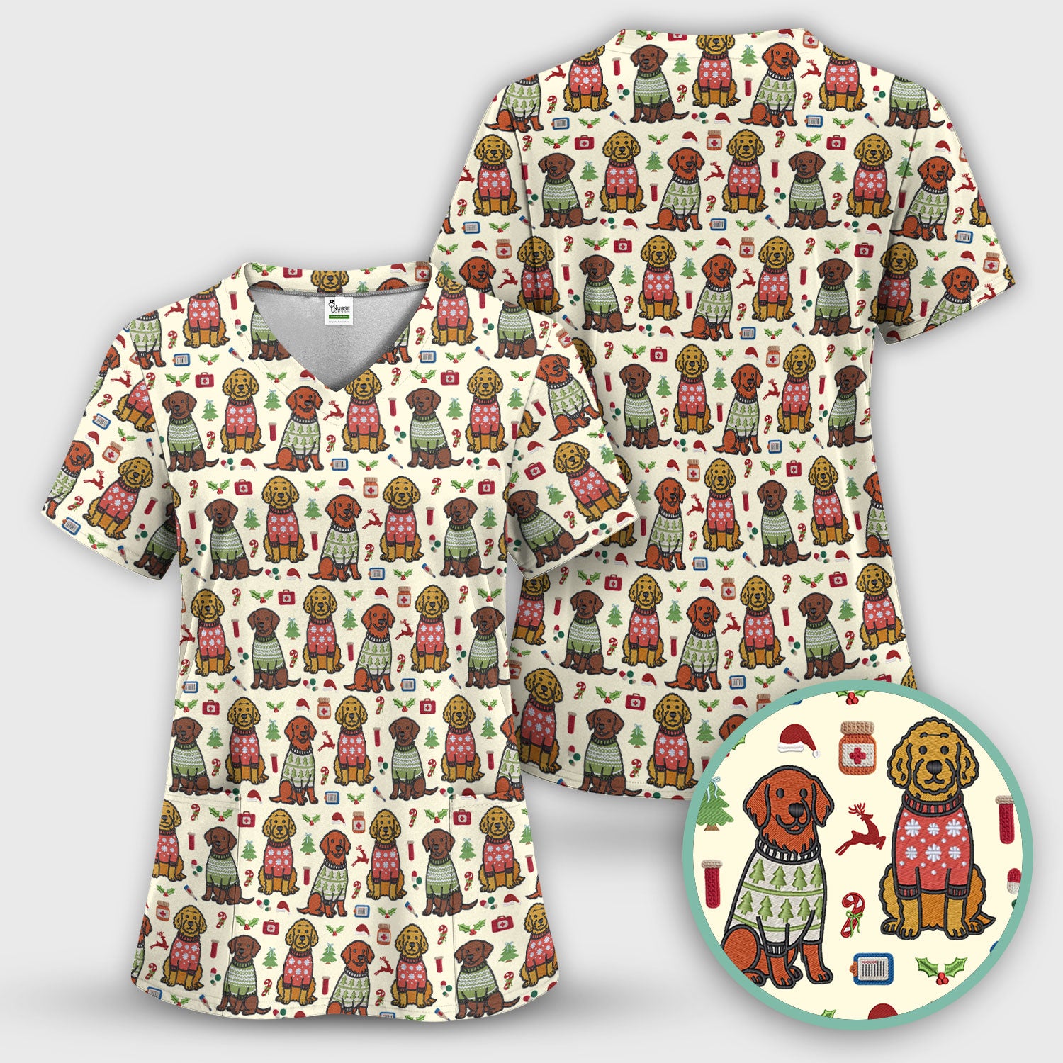 Golden Retriever Christmas Scrub Top, Cute Holiday Dog Nurse Pattern Shirt, Breathable Fabrics Nursing Uniform