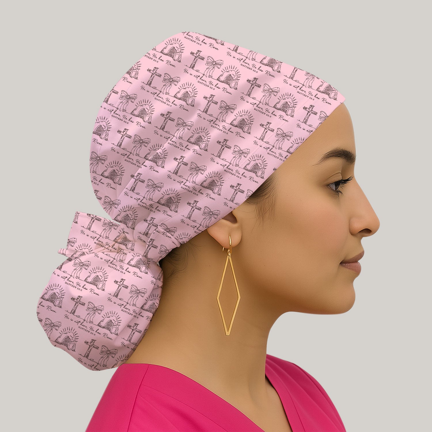 Christian Cross He Is Risen Pattern Caps, Bouffant Scrub Caps for Women
