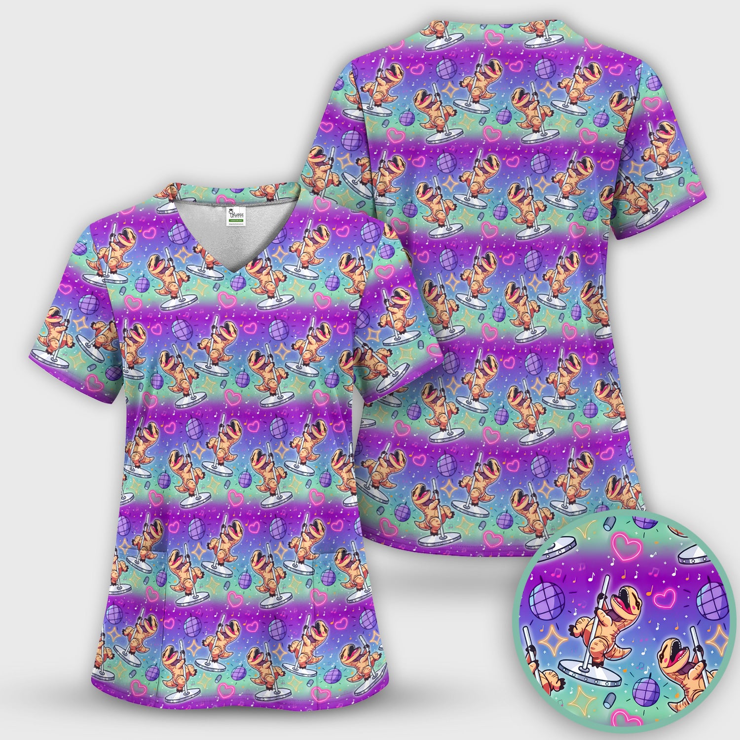Funny Dancing Dinosaur Disco Party Pattern Nurse Scrub Top, Comfortable Scrubs for Nurses