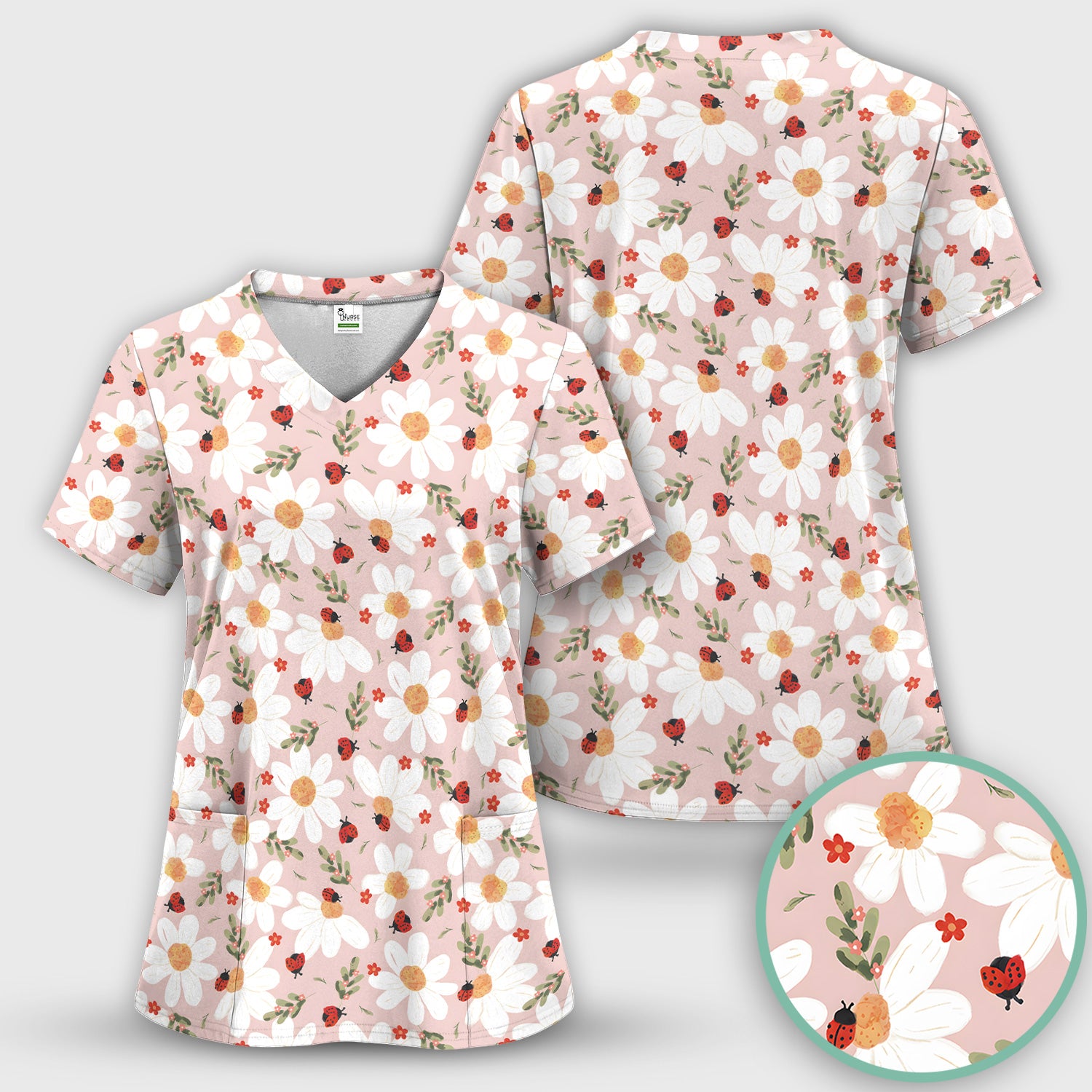 Daisy Ladybug Garden Blossom Pattern Scrub Set, Scrub Pants and V Neck Top
