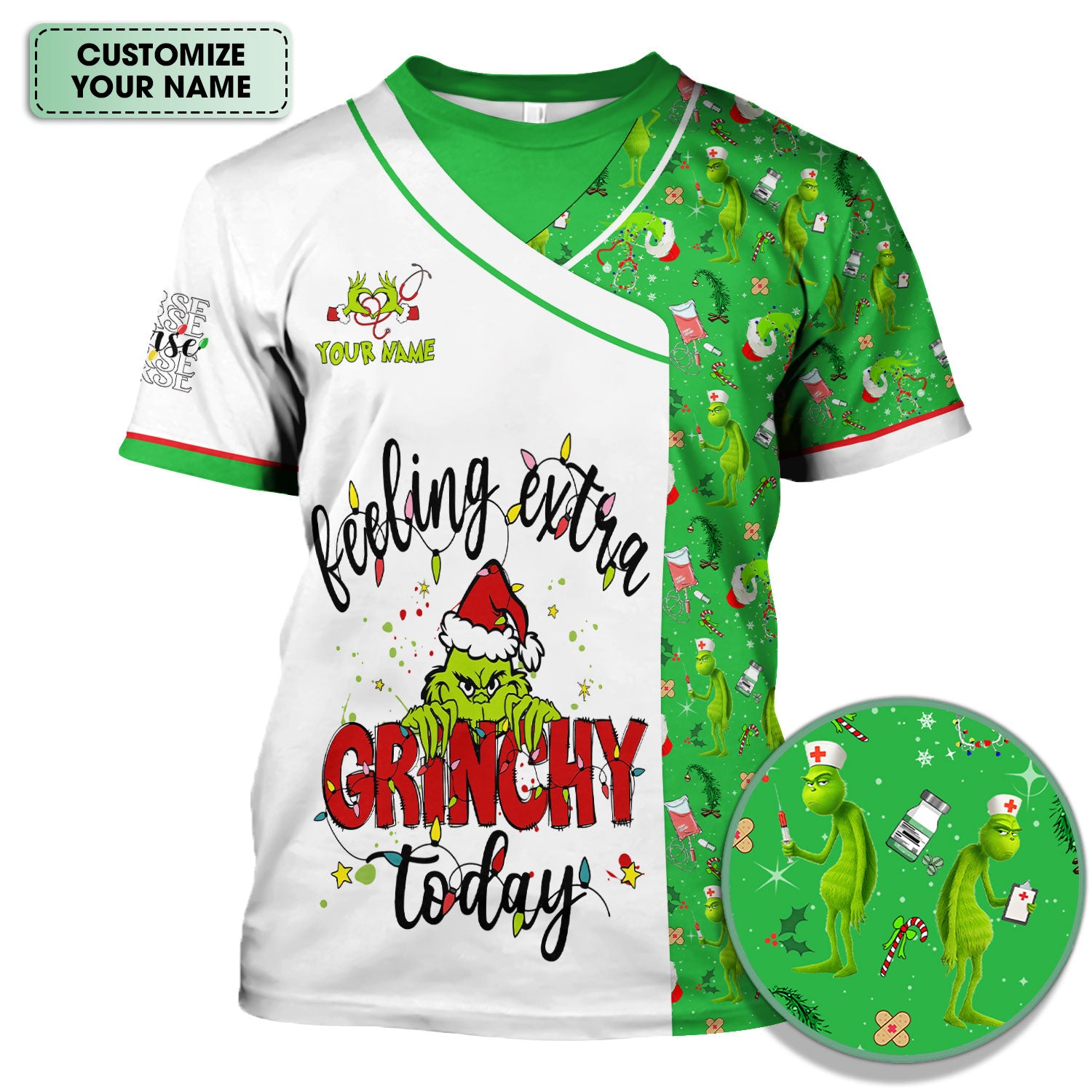 Personalized Grinch Nurse Scrub Top - Funny Christmas Scrub Shirt Multi Color - Feeling Extra Grinchy Today Holiday Nursing Gift