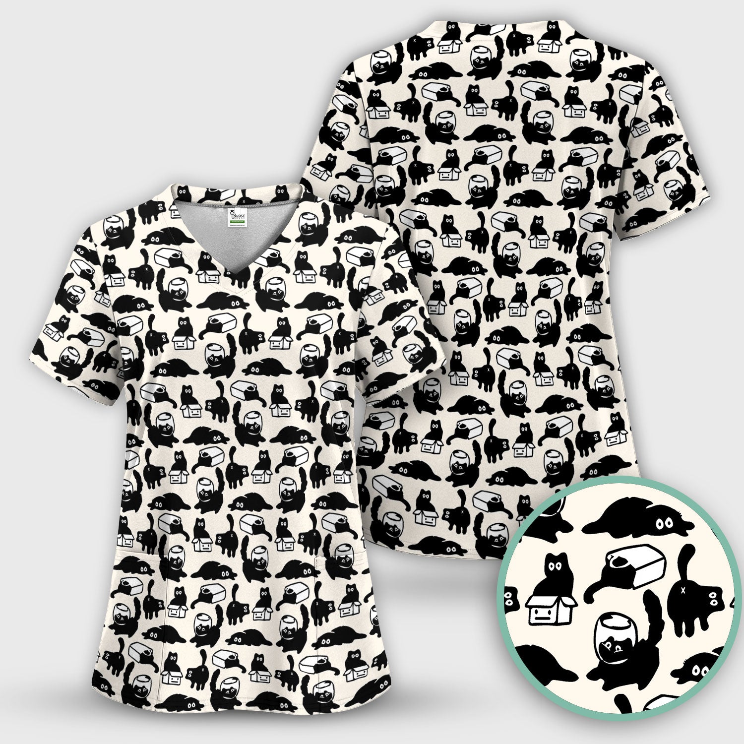 Dark Playful Cat Cartoon Pattern Scrub Top, Comfortable Scrubs for Nurses