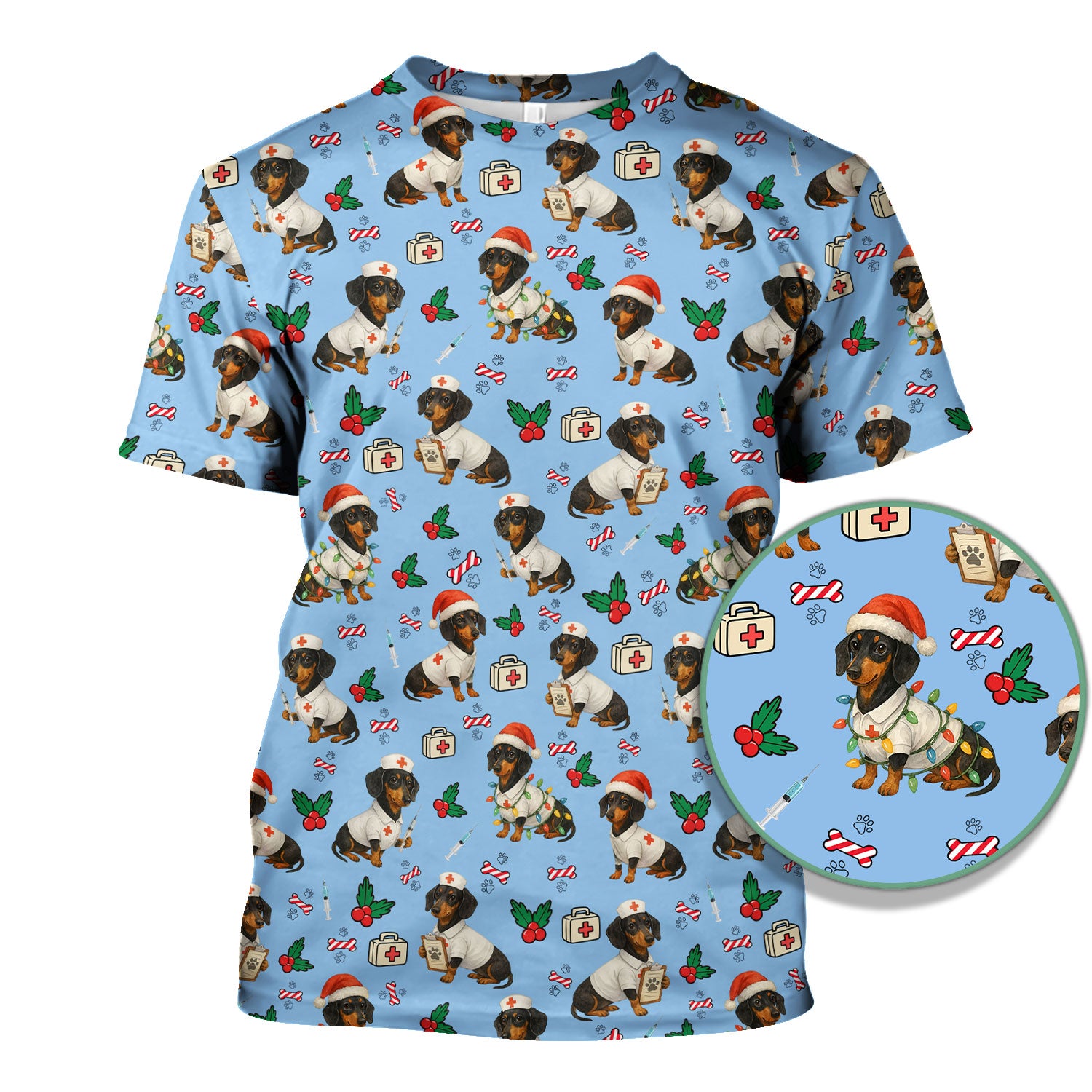 Dachshund Nurse Christmas Scrub Shirt - Cute Sausage Dog Scrub Top Multi Colors - Funny Holiday Nursing Workwear with Pockets