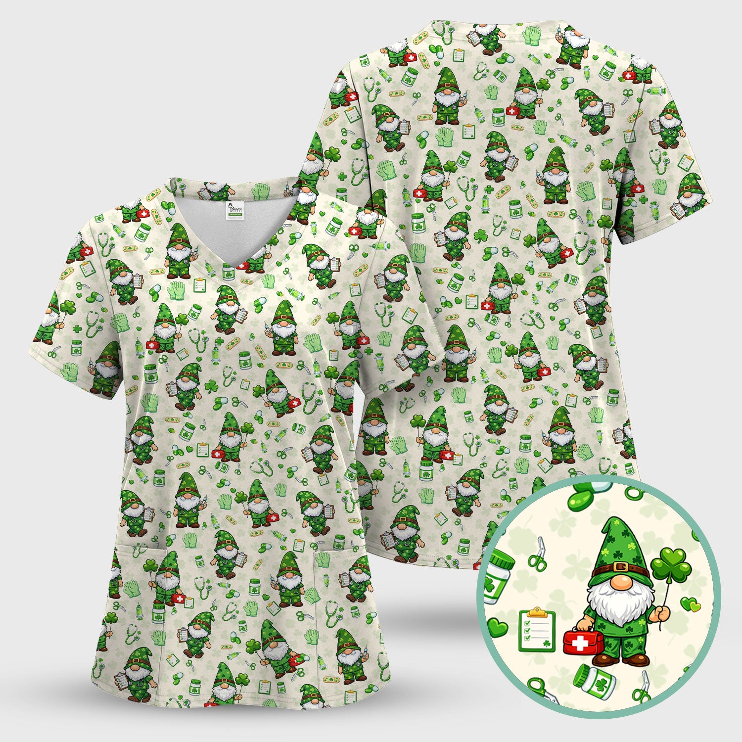 St. Patrick’s Day Nurse Gnome Scrub Top, Green Lucky Medical Pattern Nurse Shirt, Breathable Fabrics Nursing Uniform
