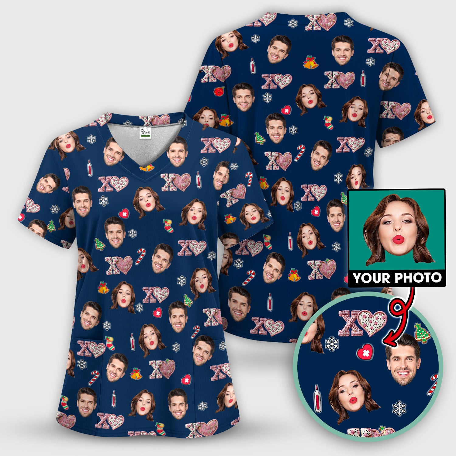Custom Face Pattern XOXO Scrub Shirt, Personalized Photo Scrub Top, Breathable Fabrics Nursing Uniform