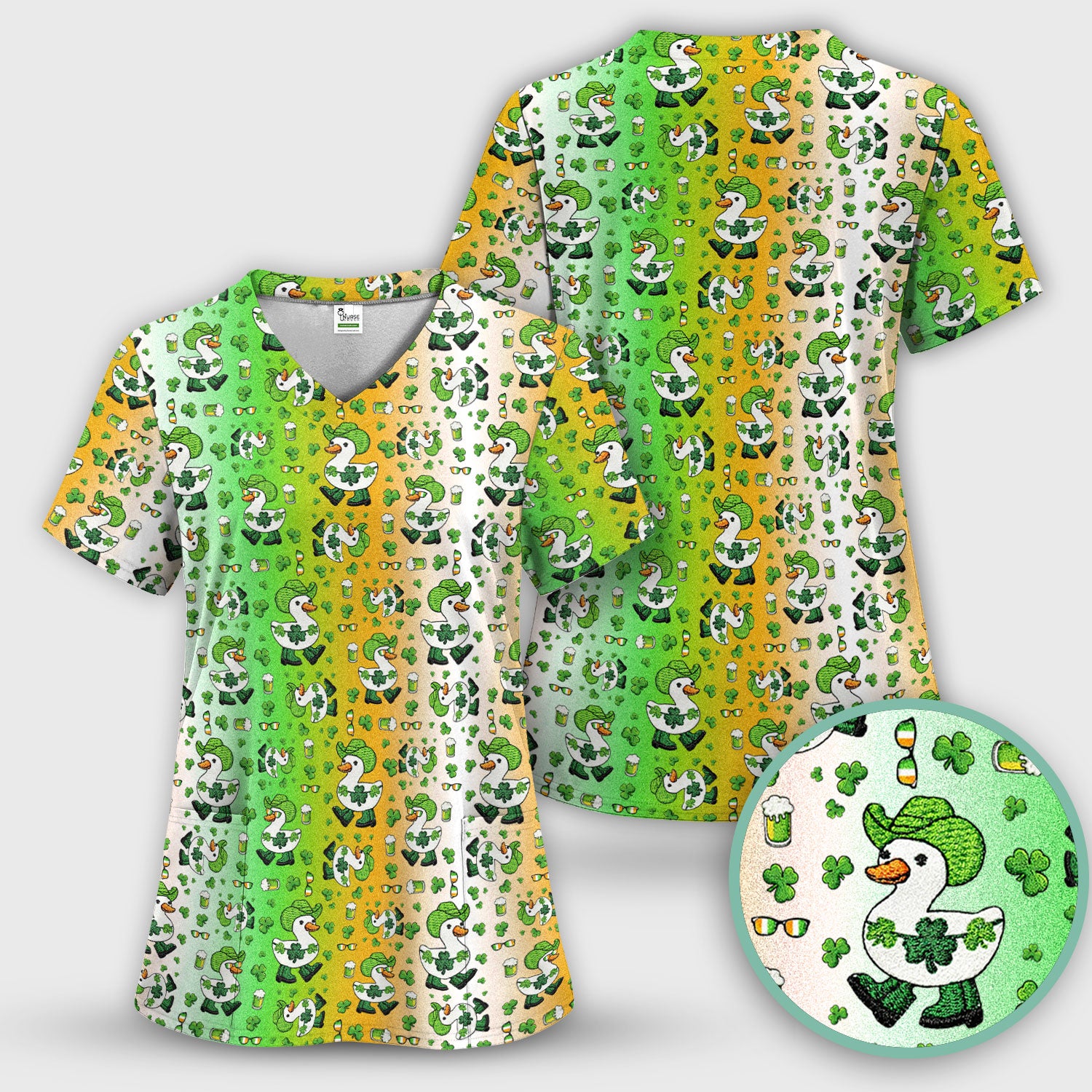 St. Patrick Goose Shamrock Medical Pattern Scrub Set, Breathable Med Uniform