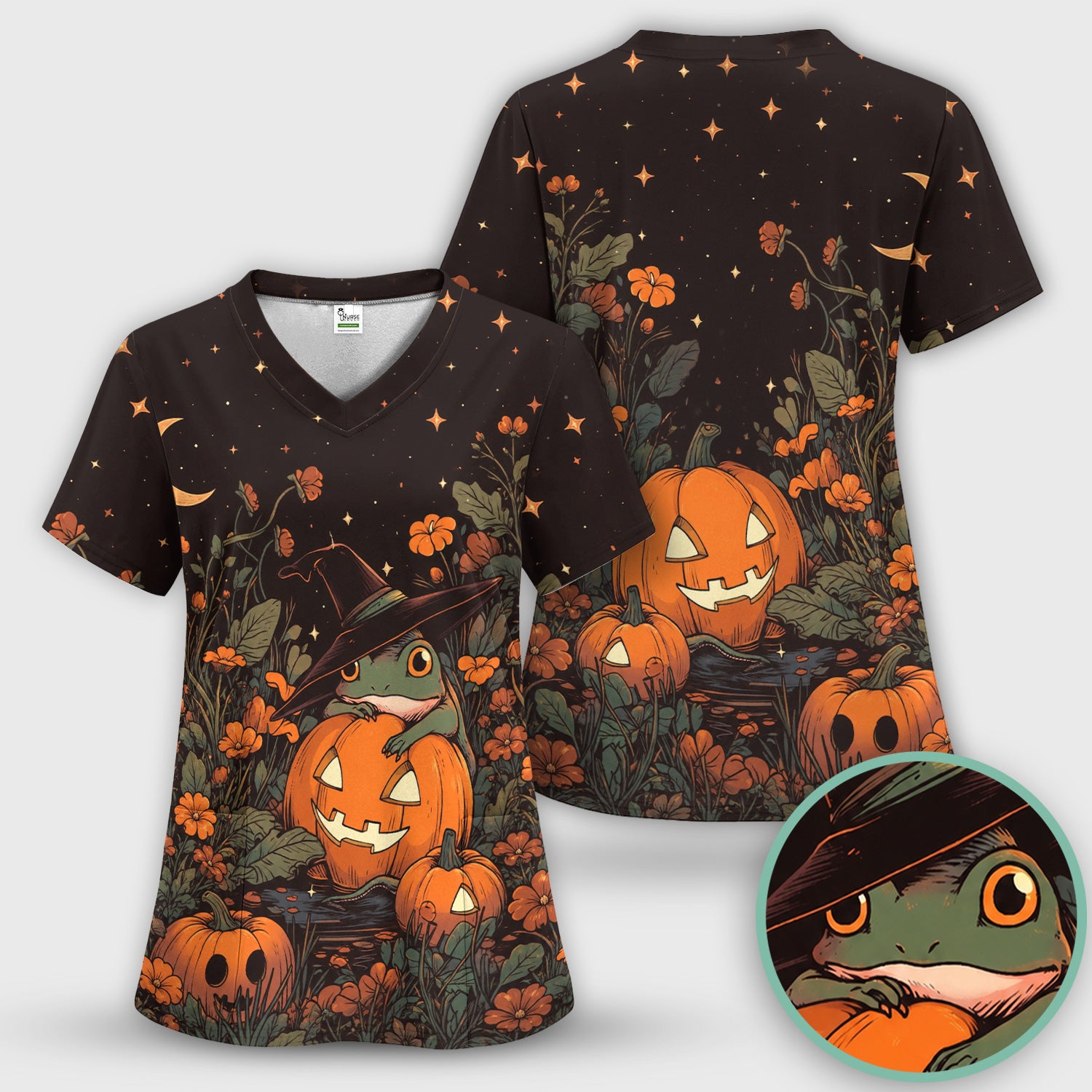 Cute Halloween Frog Nurse for Pediatric Nurses, RN, CNA, Pumpkin Medical Scrub Top, Comfortable Scrubs for Nurses
