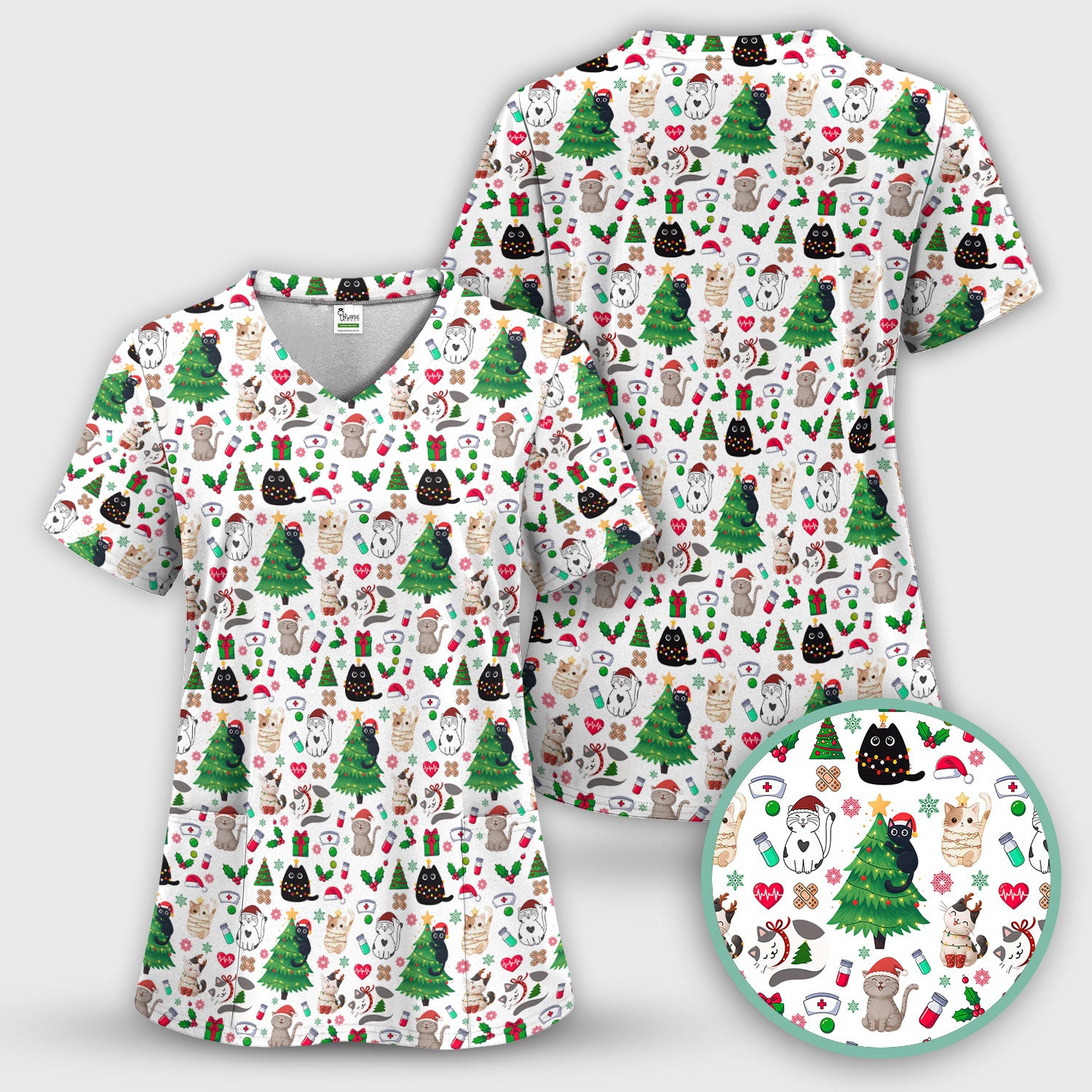 Christmas Cat Scrub Top, Xmas Pet Pattern Scrub Shirt, Breathable Fabrics Nursing Uniform