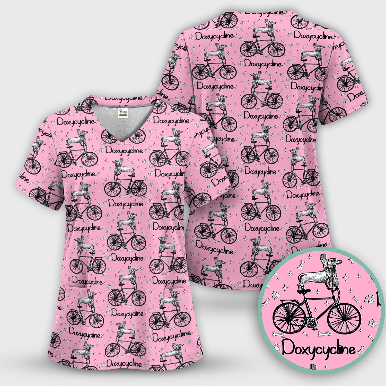 Funny Doxycycline Dog Bicycle Print Scrub Set, Scrub Pants and V Neck Top