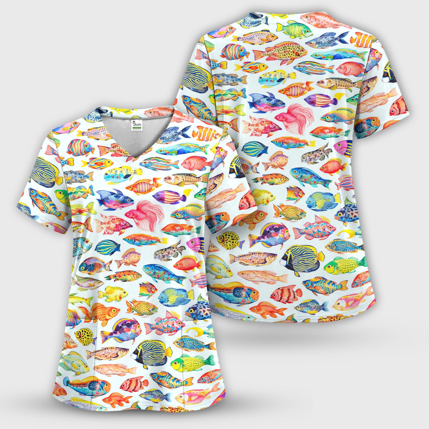 Colorful Tropical Fish Pattern Scrub Top, Breathable Medical Scrubs
