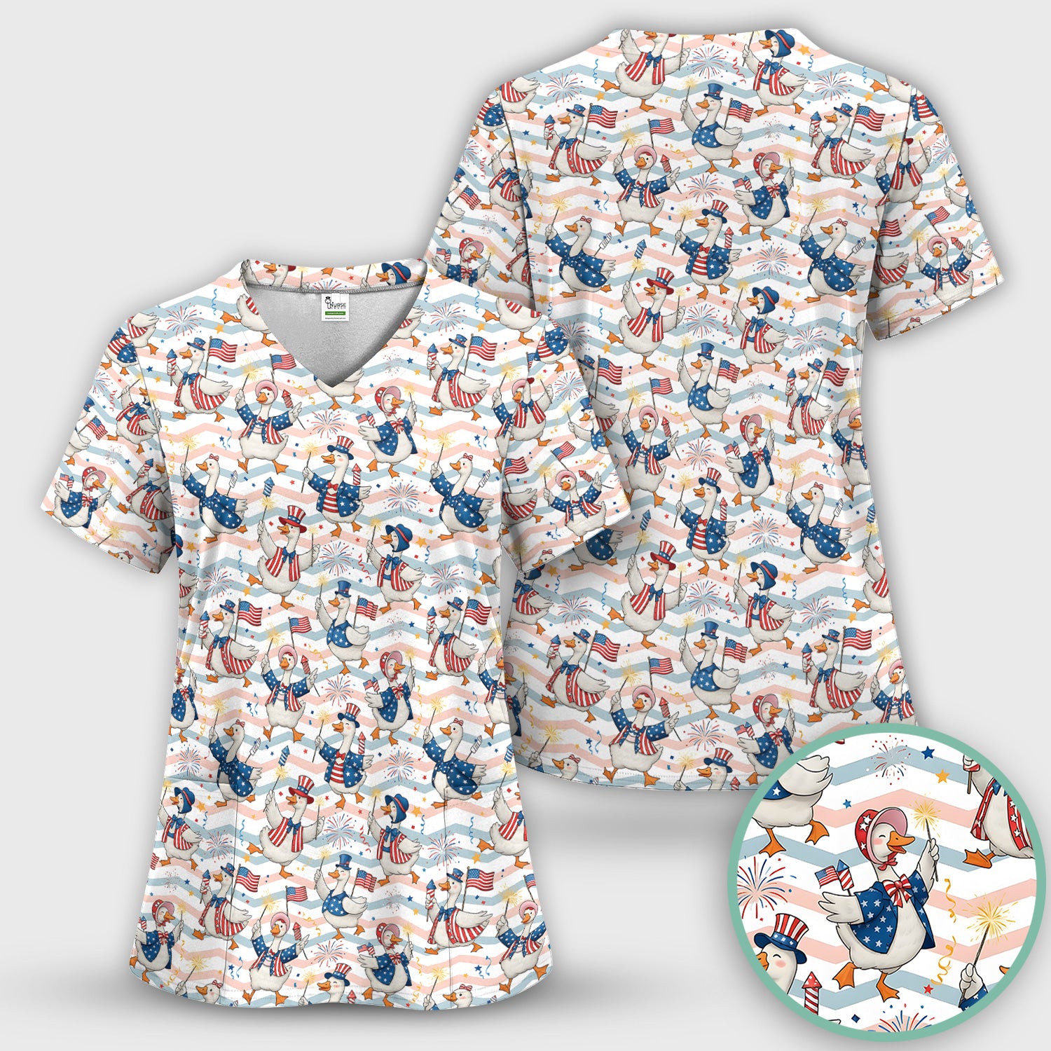 Patriotic Goose Fireworks Parade Pattern Scrub Top, Comfortable Scrubs for Nurses