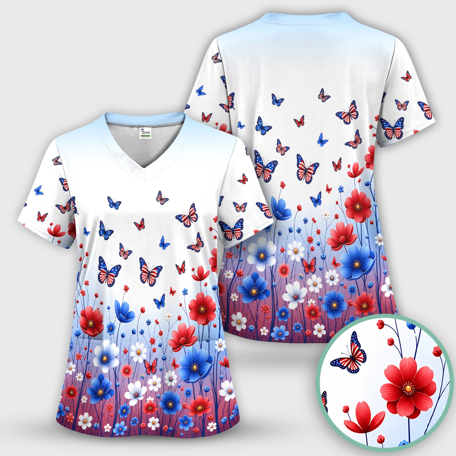 Patriotic Butterfly Wildflower Garden Pattern Scrub Top, Comfortable Scrubs for Nurses