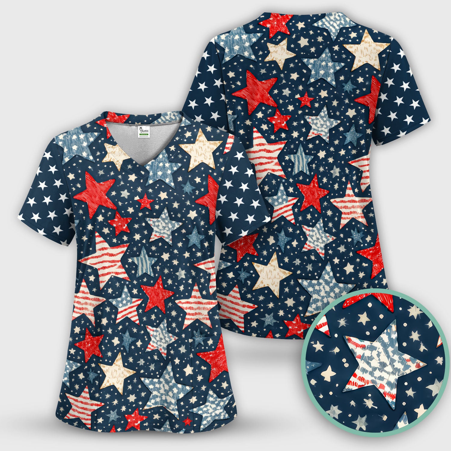 Patriotic Star Pattern Women's Scrub Set, Scrub Pants and V Neck Top