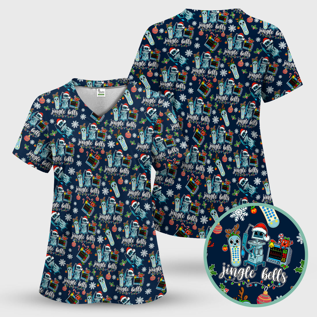 Jingle Bells Christmas Scrub Top - Funny Xmas Scrubs for Nurses - Breathable Fabrics Nursing Uniform for RN CNA LPN