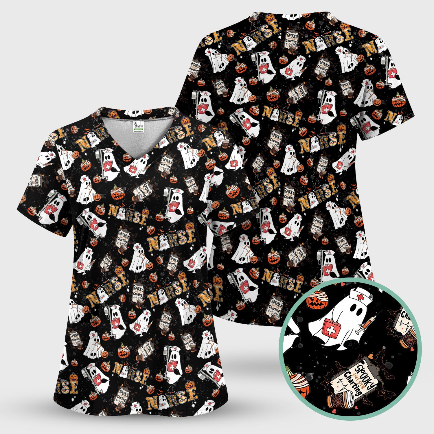Spooky But Still Charting Halloween Scrub Top - Comfortable Scrubs for Nurses - Funny Boo Pumpkin Nursing Uniform