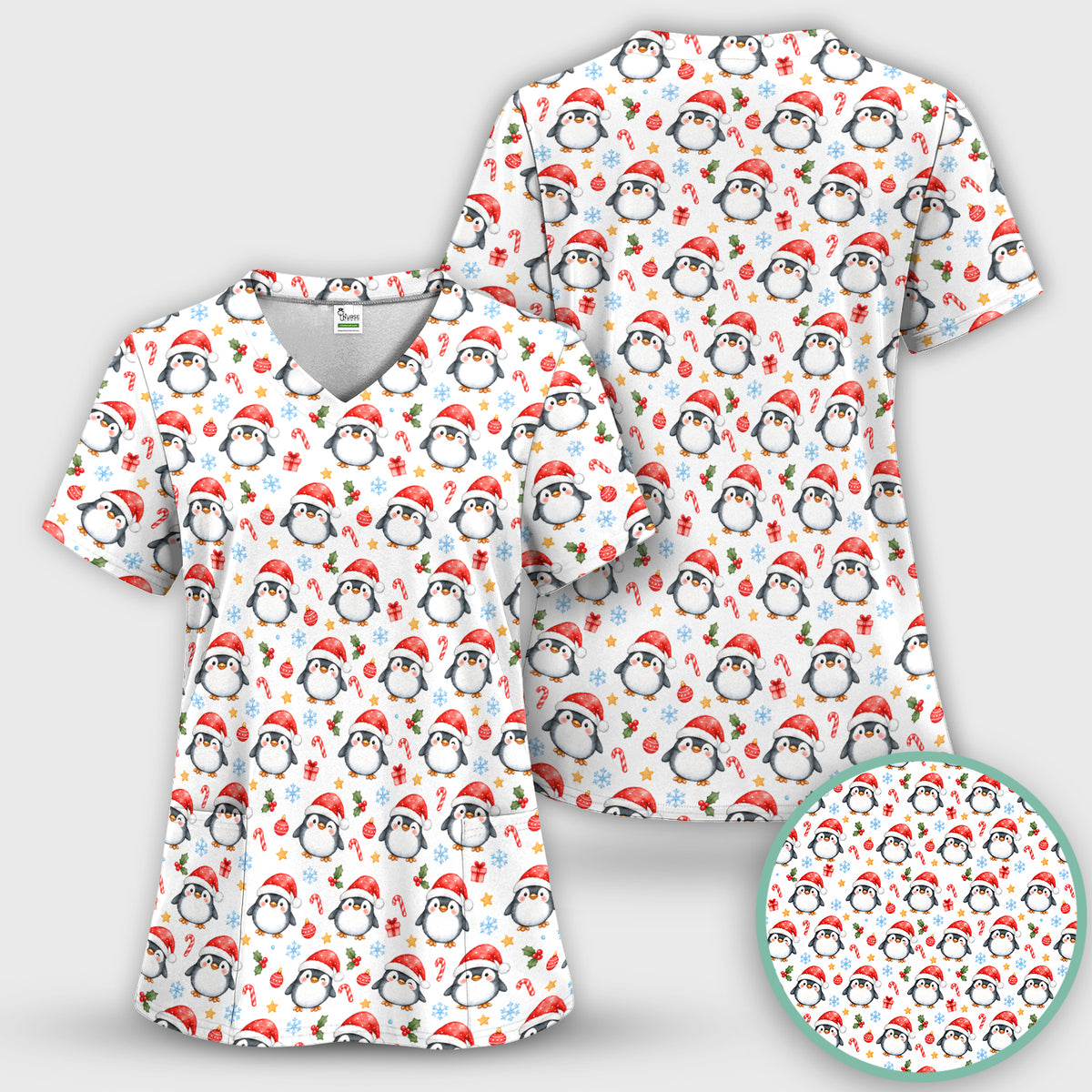 Christmas Penguins In Santa Hats Scrub Top, Comfortable Scrubs for Nurses