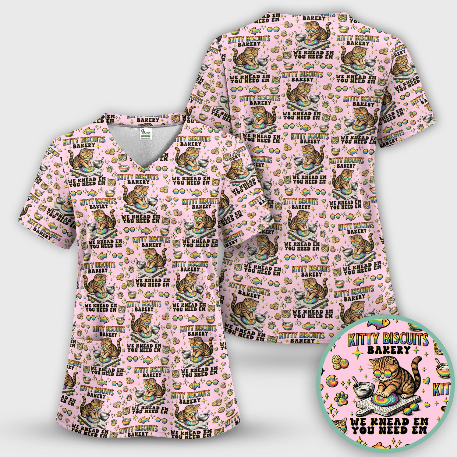Pride Nurse Cat Baking Rainbow Dough Pattern Scrub Top, Breathable Fabrics Nursing Uniform