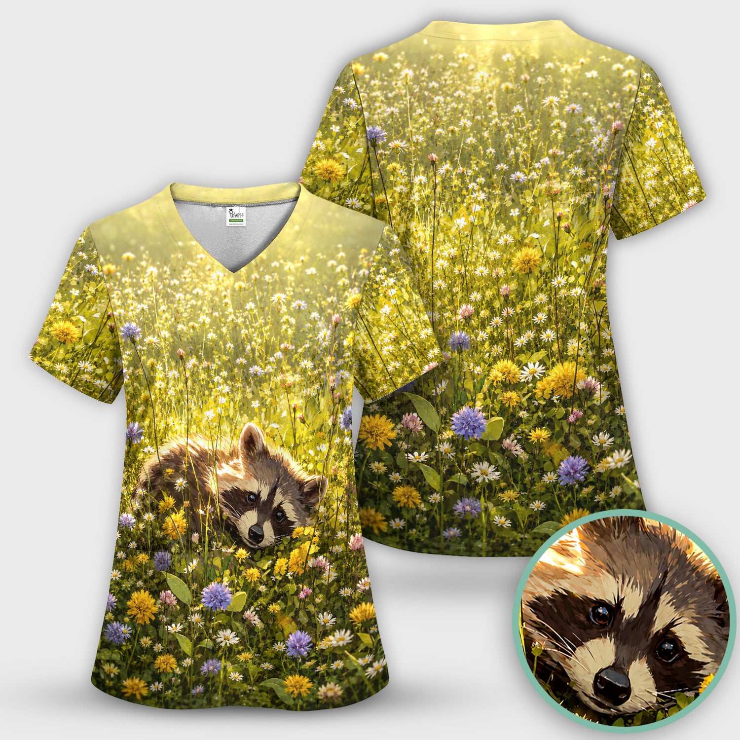 Meadow Raccoon Wildflower Garden Pattern Scrub Set, Scrub Pants and V Neck Top