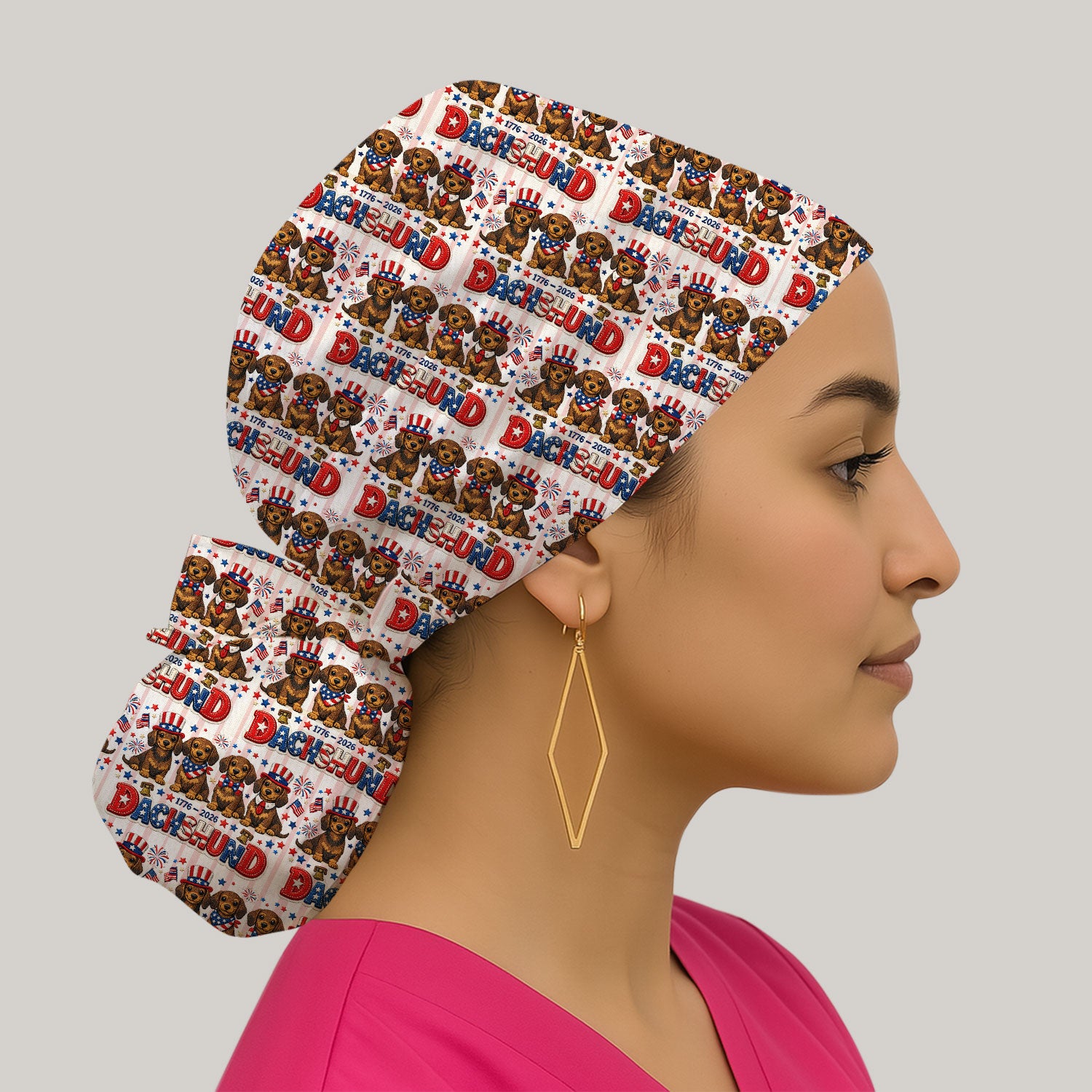 Patriotic Dachshund Fireworks Pattern Surgical Cap, Breathable Fabrics Caps Uniform