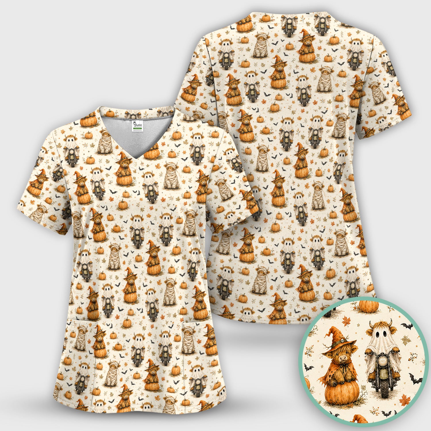 Halloween Highland Cow Costumes Scrub Top, Comfortable Scrubs for Nurses