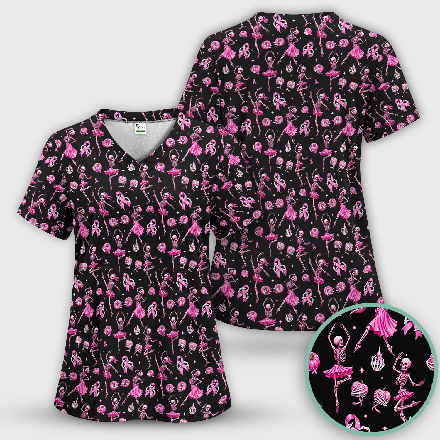 Pink Ribbon Skeleton Ballerina Print Scrub Top, Comfortable Scrubs for Nurses