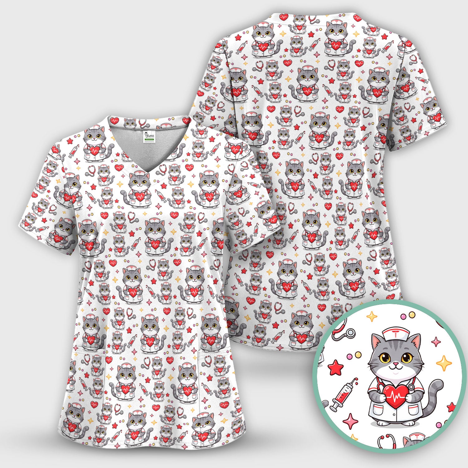 Cute Nurse Cat Heart Medical Print Scrub Top, Comfortable Scrubs for Nurses