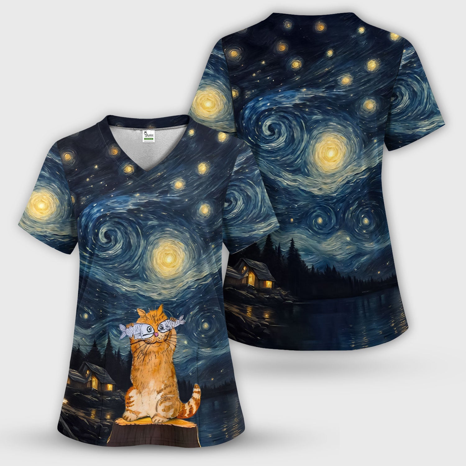 Cat Under Starry Night Sky Art Print Scrub Sets, Breathable Med Uniform