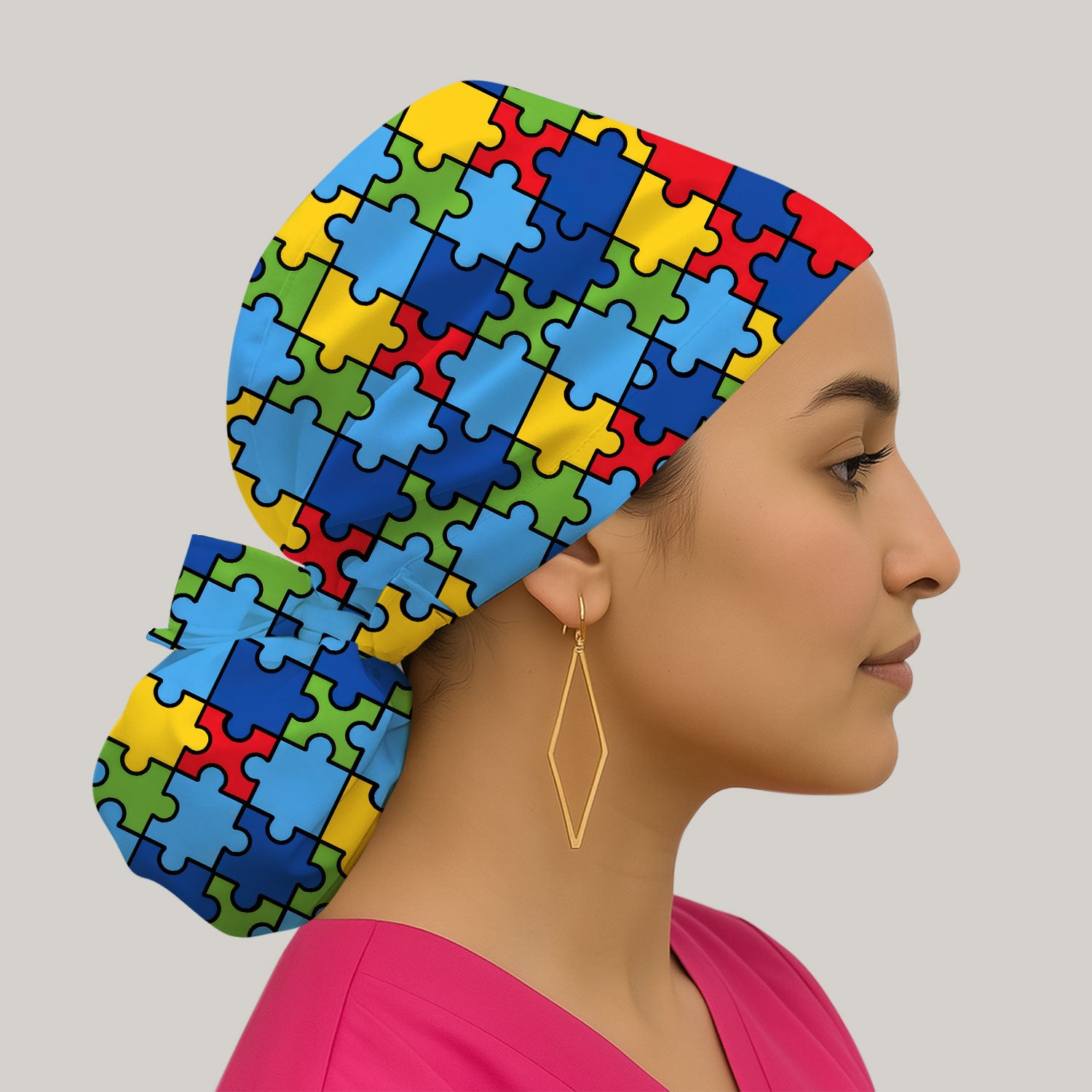 Autism Support Squad Puzzle Ribbon Print Caps, Bouffant Scrub Caps for Women