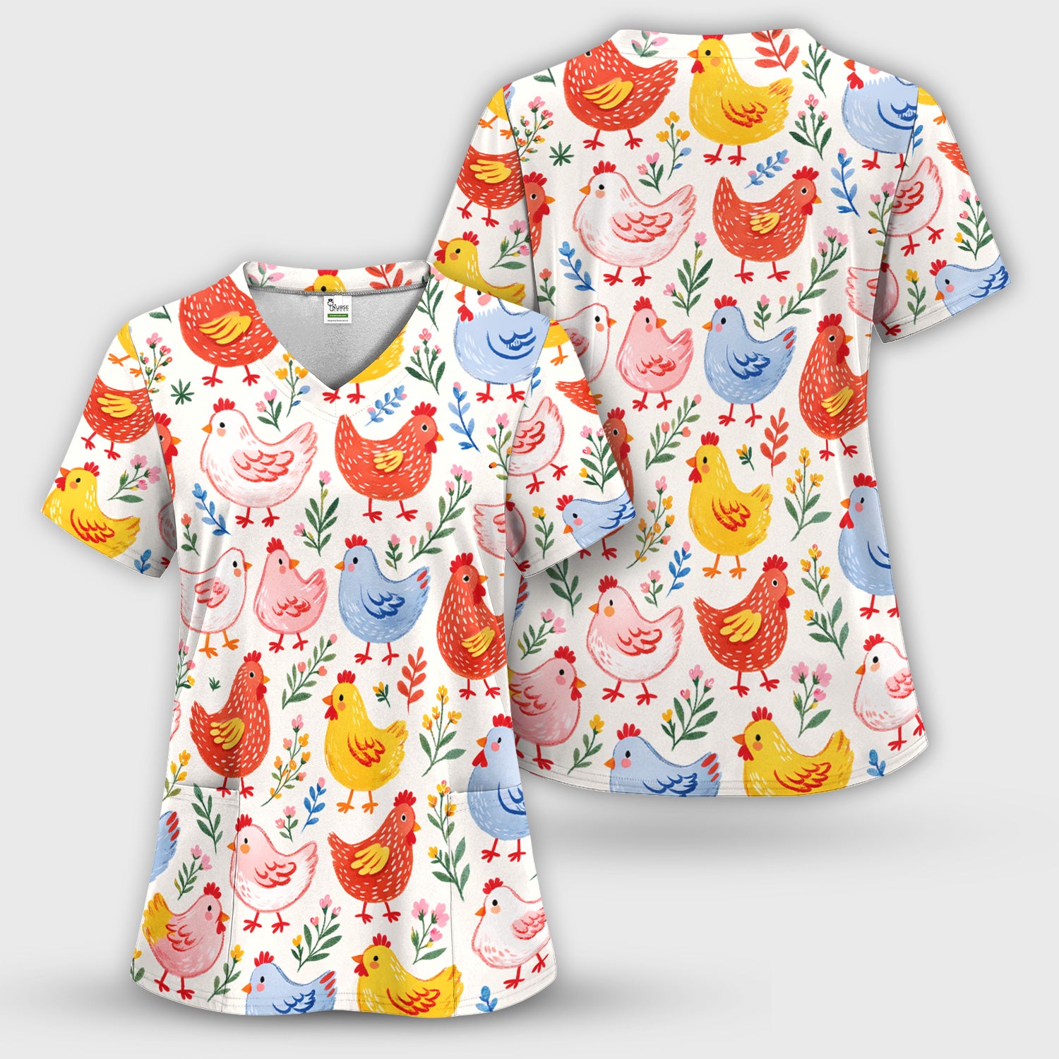 Fun Cartoon Hen Print Scrub Set, Scrub Pants and V Neck Top