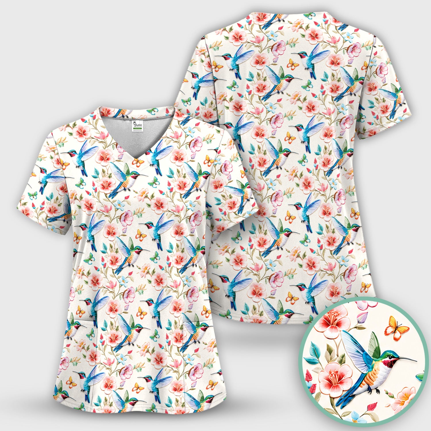 Hummingbird Blossom Butterfly Pattern Scrub Set, Scrub Pants and V Neck Top