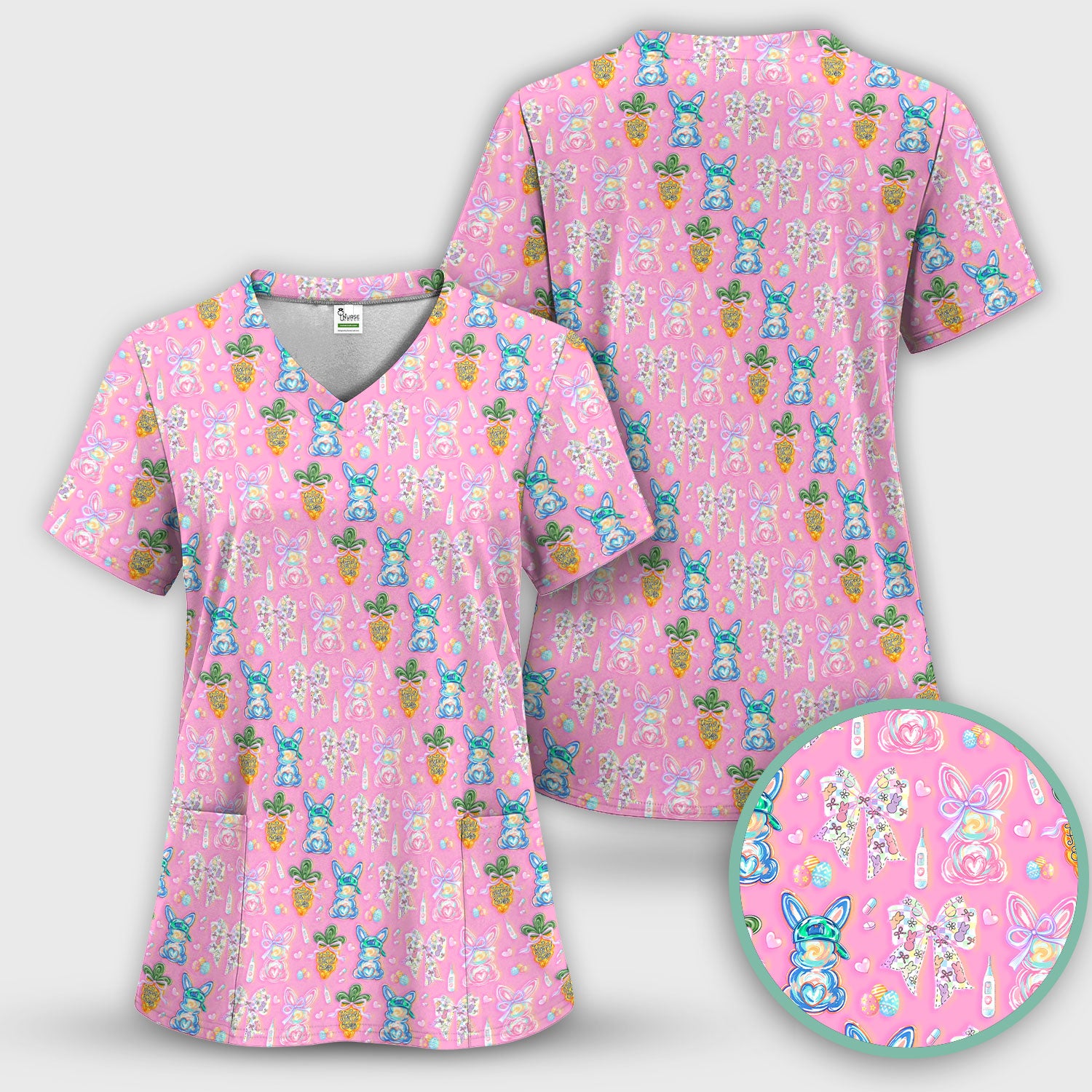 Easter Bunny Carrot Bow Floral Print Scrub Top, Comfortable Scrubs for Nurses