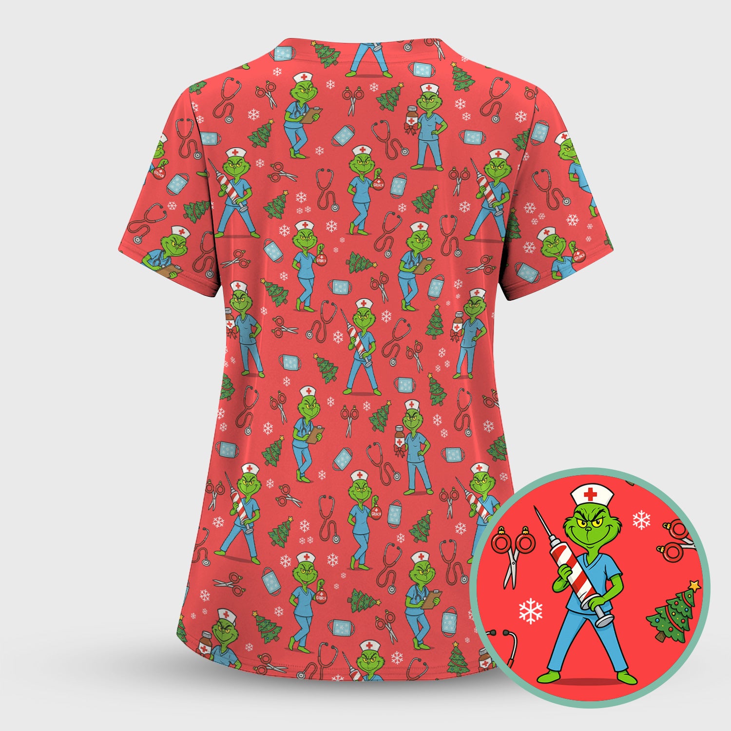Christmas Grinch Nurse Scrub Top - Funny Holiday Medical Uniform for Women - RN LPN CNA Gift