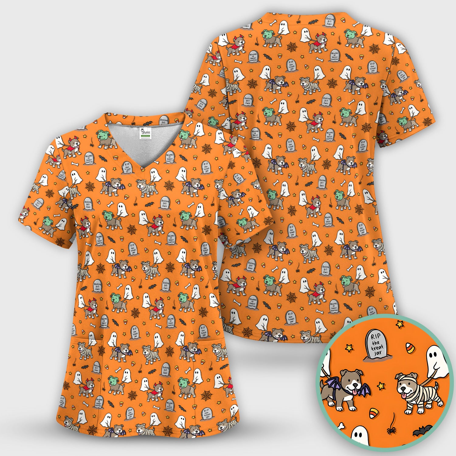 Cute Halloween Pit Bull Costumes Scrub Top, Comfortable Scrubs for Nurses