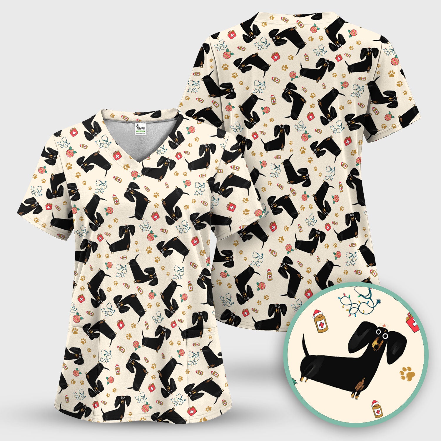 Funny Black Dachshund Scrub Top for Nurses - Cute Wiener Dog Medical Shirt - Puppy Lover Nursing Gift for Women